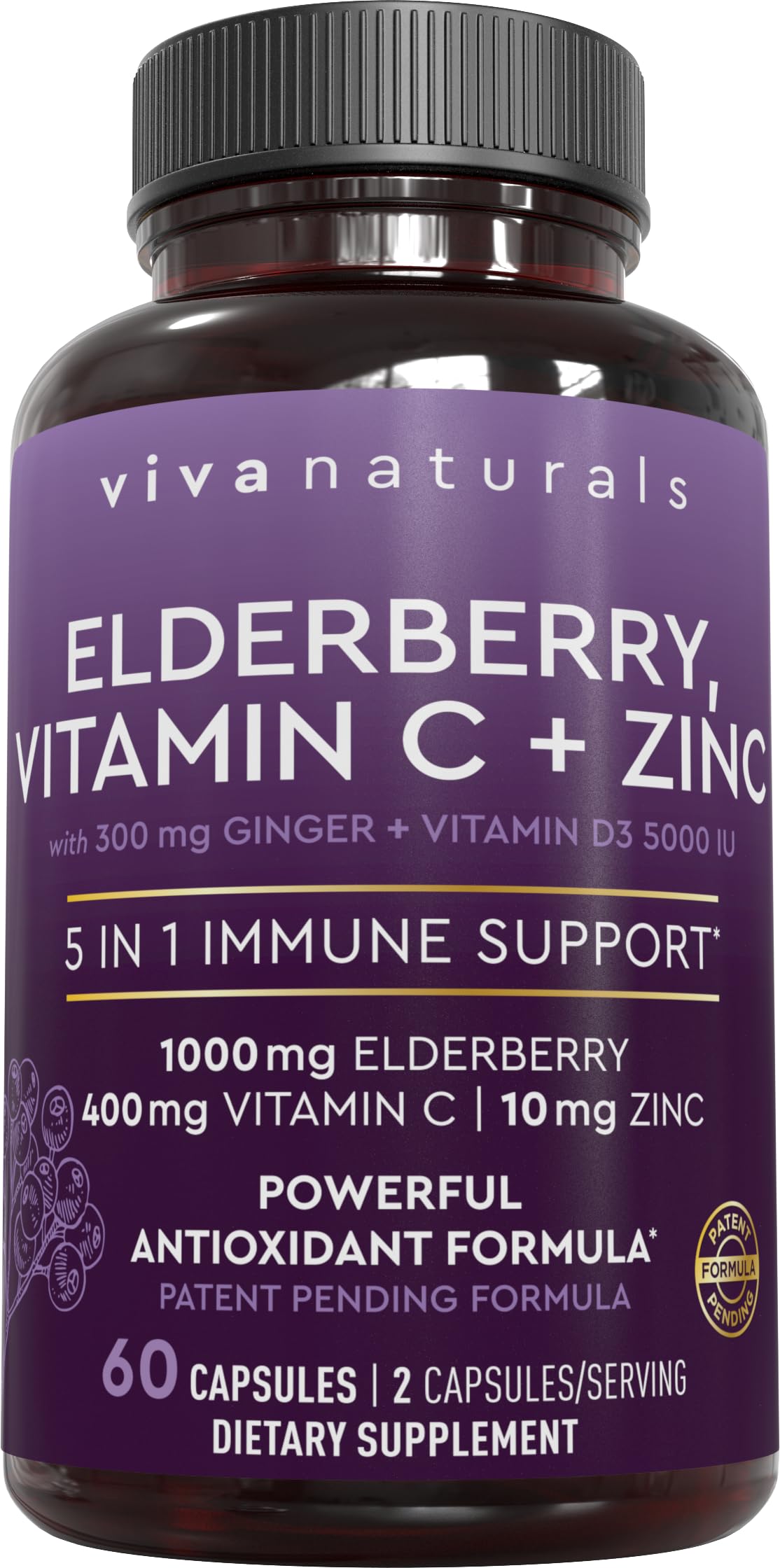 Viva Naturals elderberry bottle close-up highlighting high-potency elderberry for daily wellness