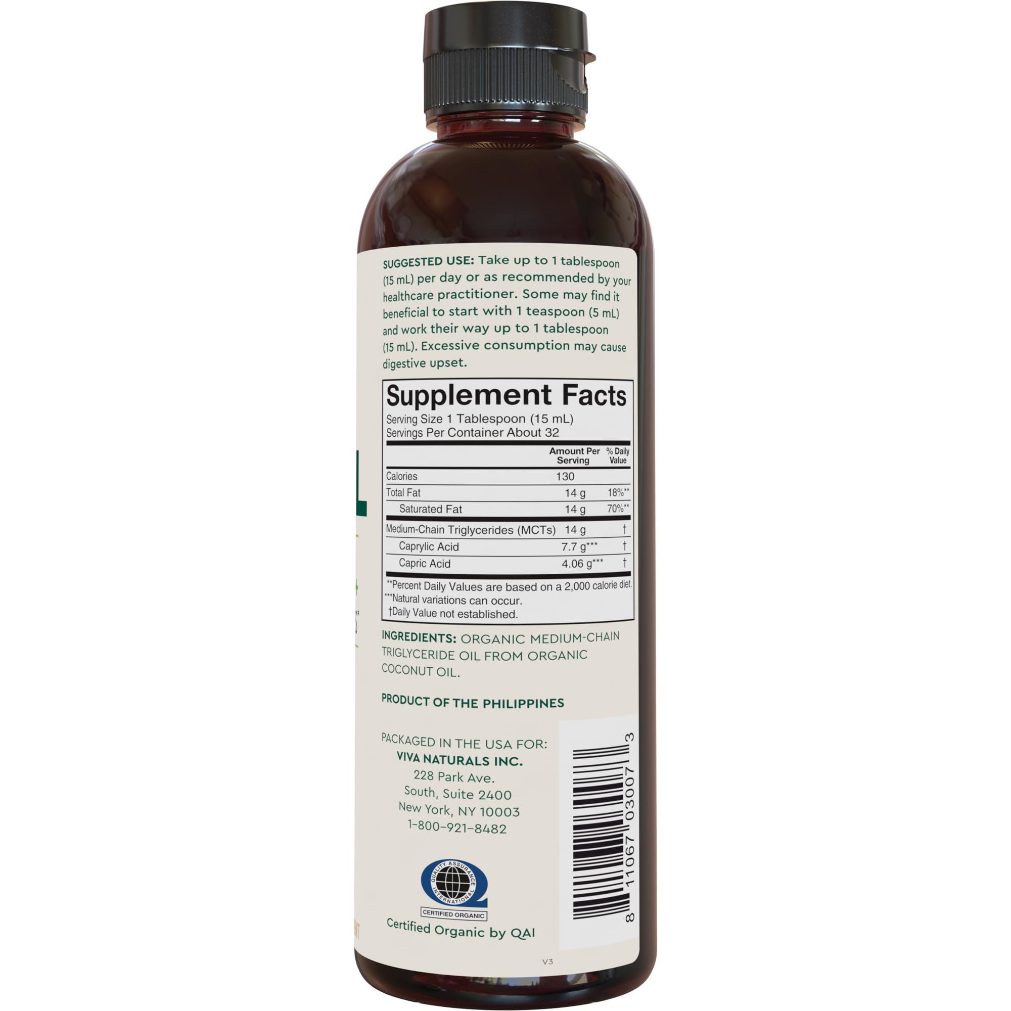 Viva Naturals MCT Oil origin label emphasizing Philippines coconuts.