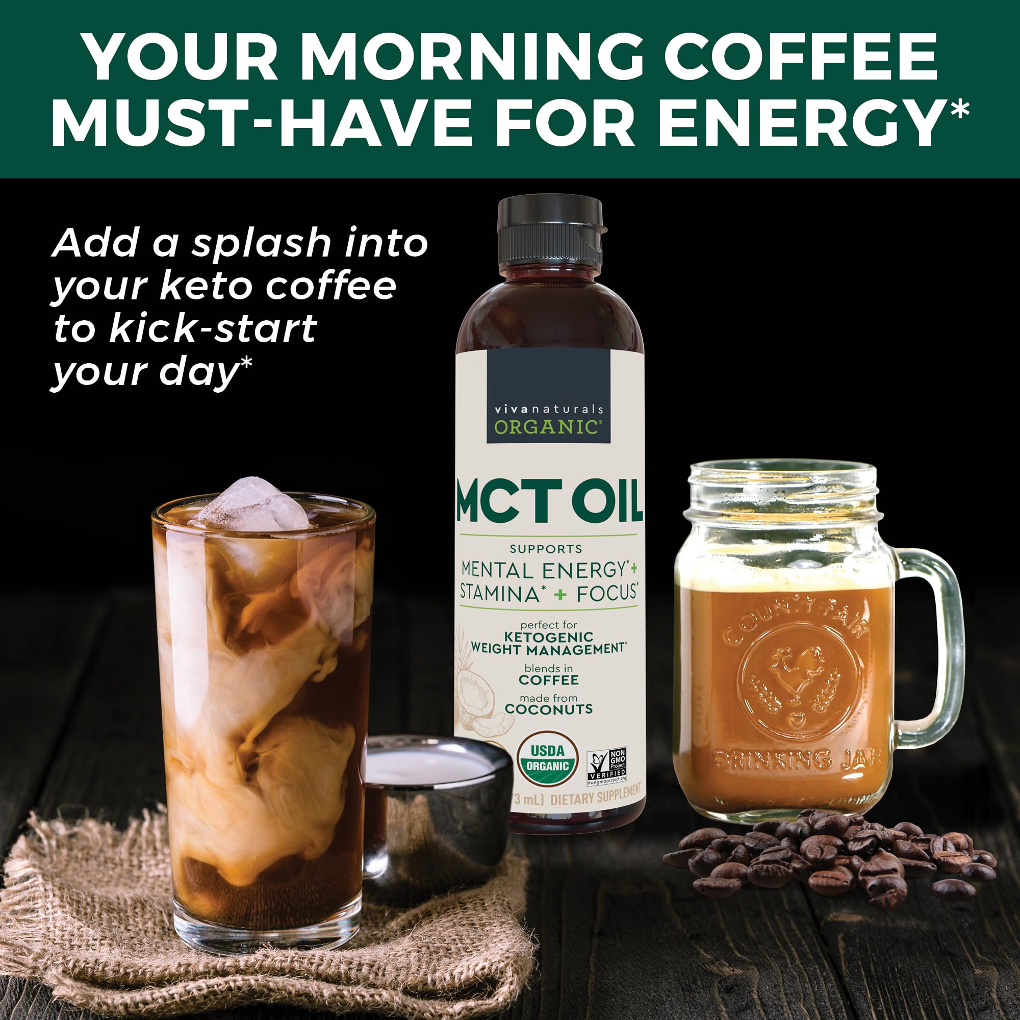 Viva Naturals MCT Oil pour demonstrates quick addition to coffee or smoothies.