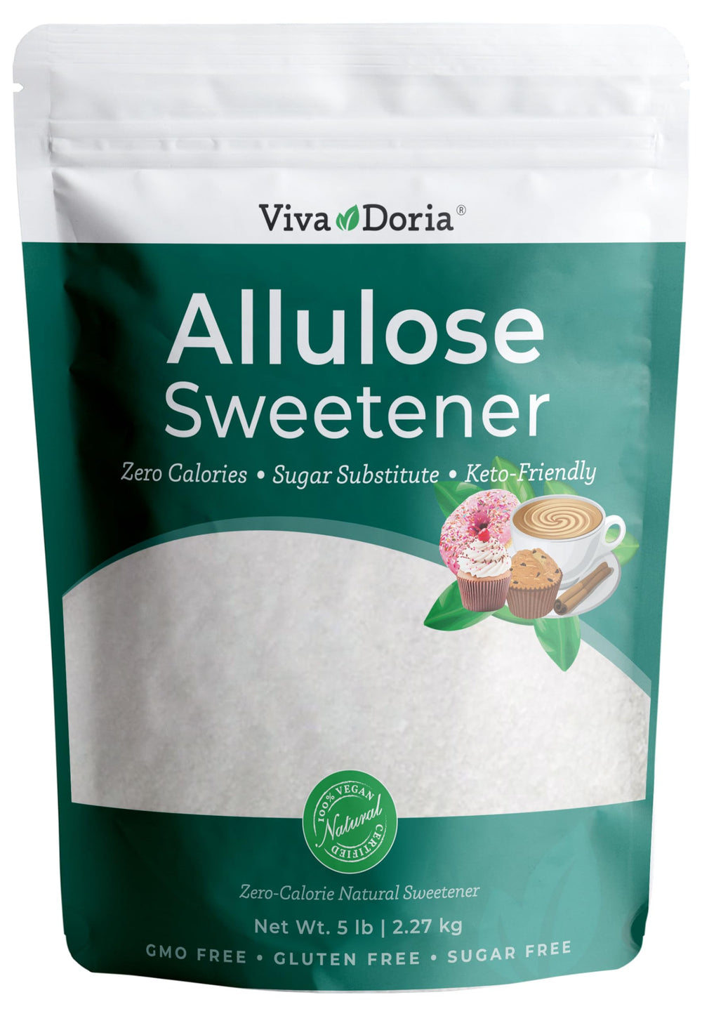 Viva Doria Allulose bottle pour shows zero-calorie sweetness for beverages and cooking