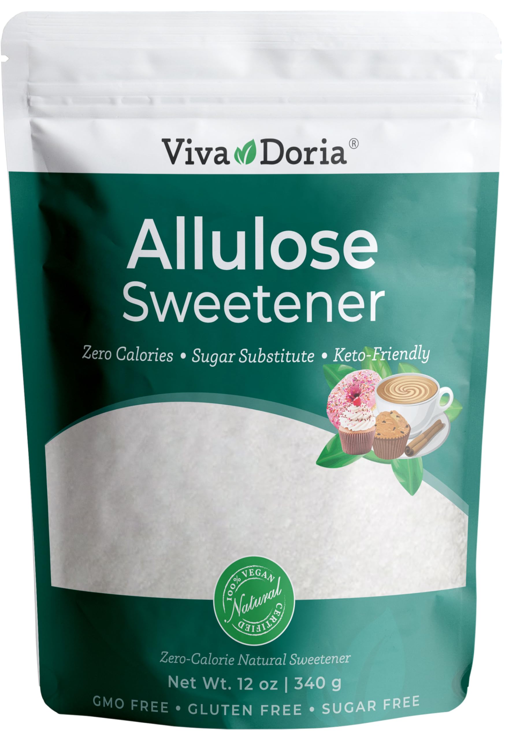 Viva Doria Allulose Sweetener bottle pour: zero calories, ideal for coffee or tea.