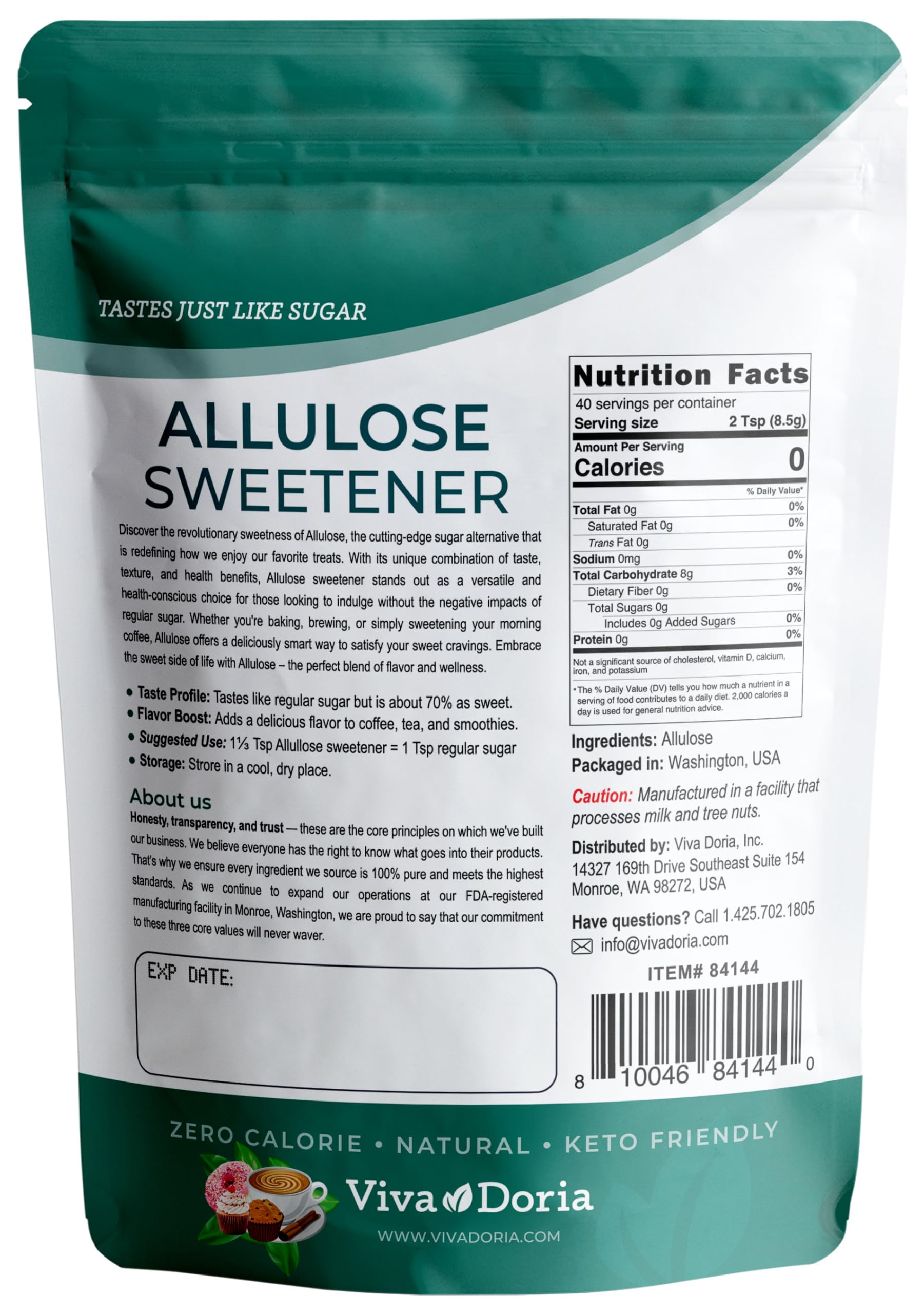 Viva Doria Allulose Sweetener packaging box: GMO-free, gluten-free, vegan-friendly option.