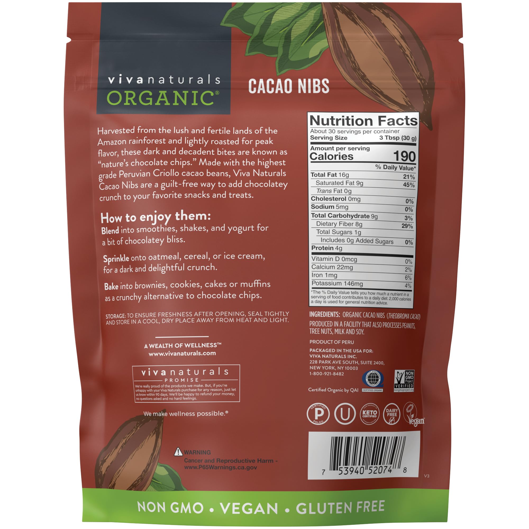 Viva Naturals cacao nibs are gluten-free and plant-based
