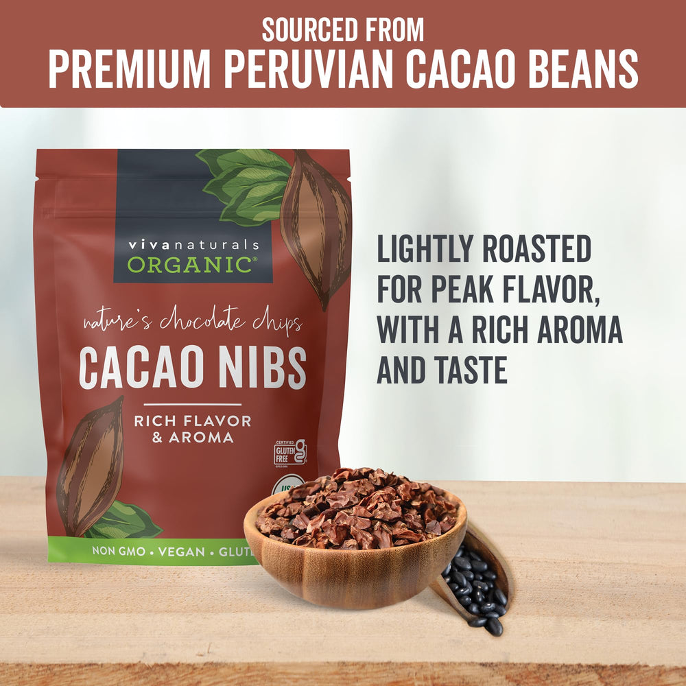 Viva Naturals cacao nibs blended into a smoothie for depth