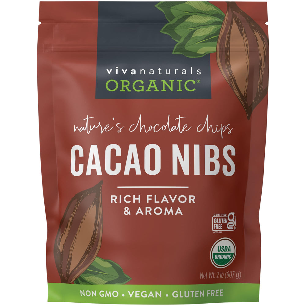 Viva Naturals cacao nibs lightly roasted for rich flavor and crunch