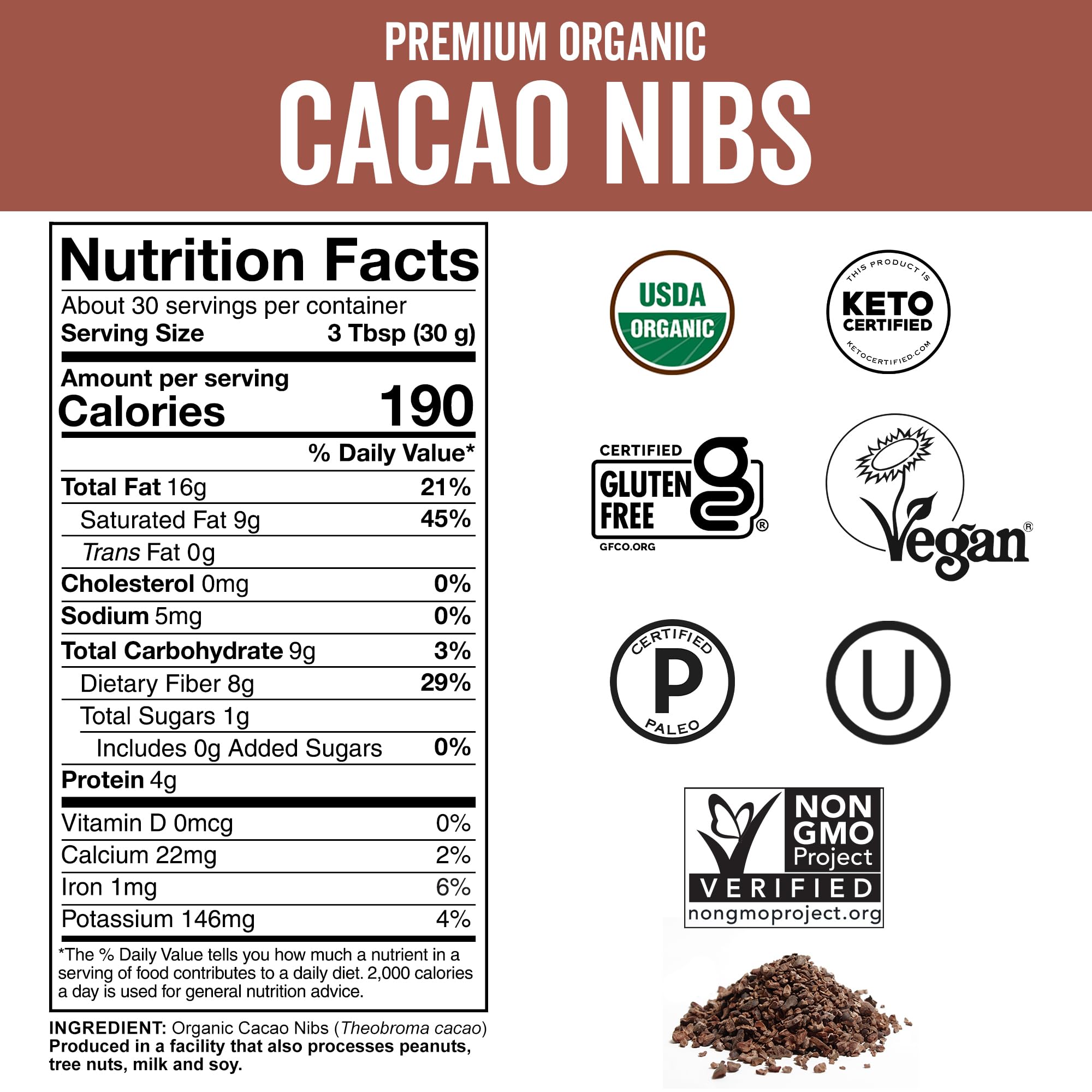 Viva Naturals cacao nibs sourced from Peruvian beans for deep cacao notes
