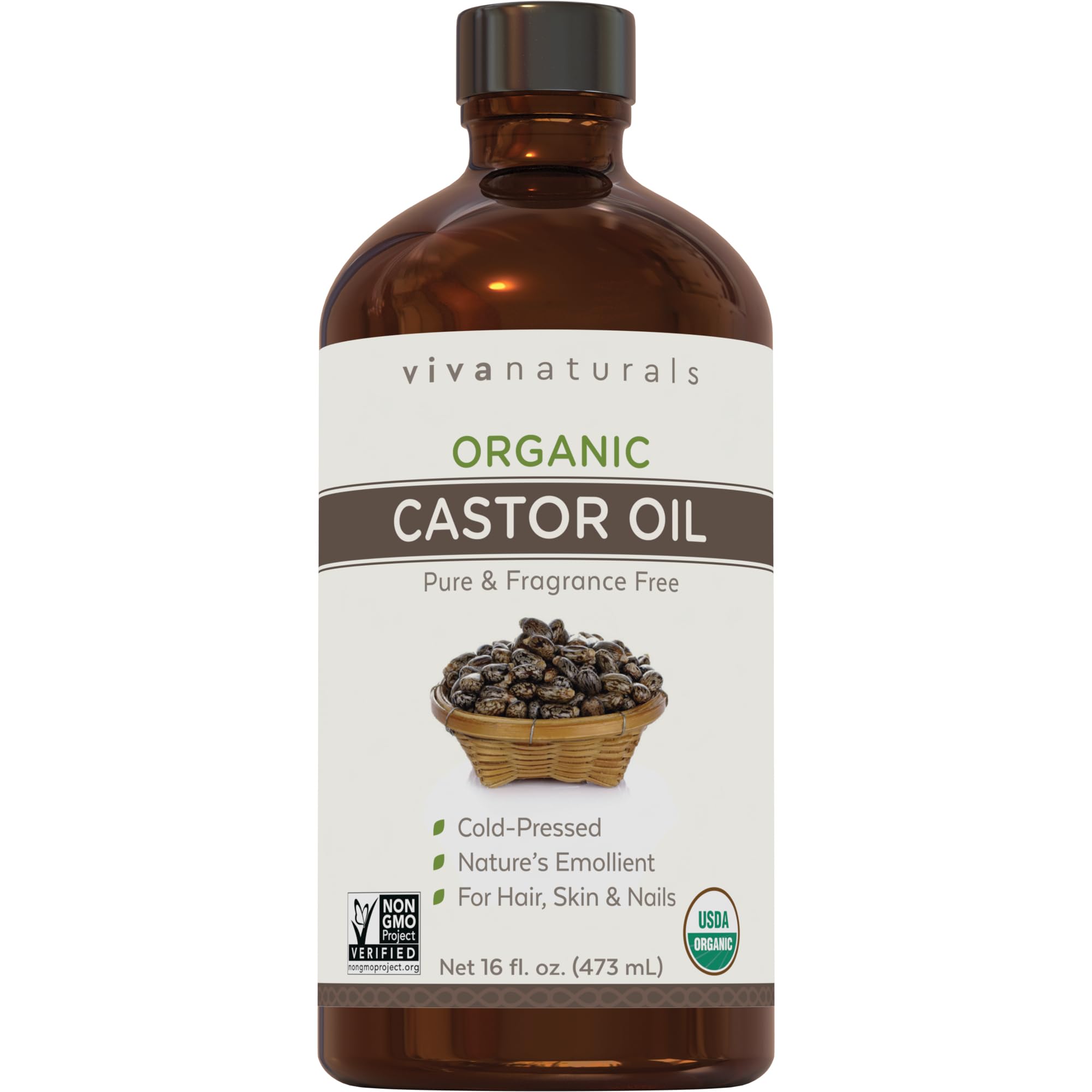 Viva Naturals Castor Oil bottle closeup for premium skin and hair care.