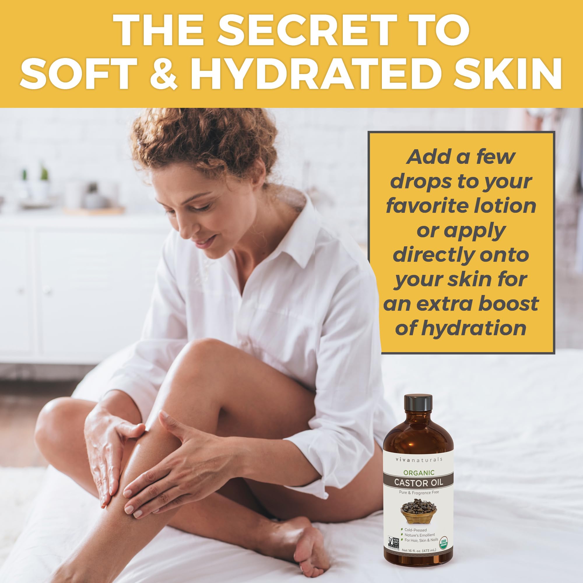 Viva Naturals Castor Oil on the skin for moisturized smoothness.