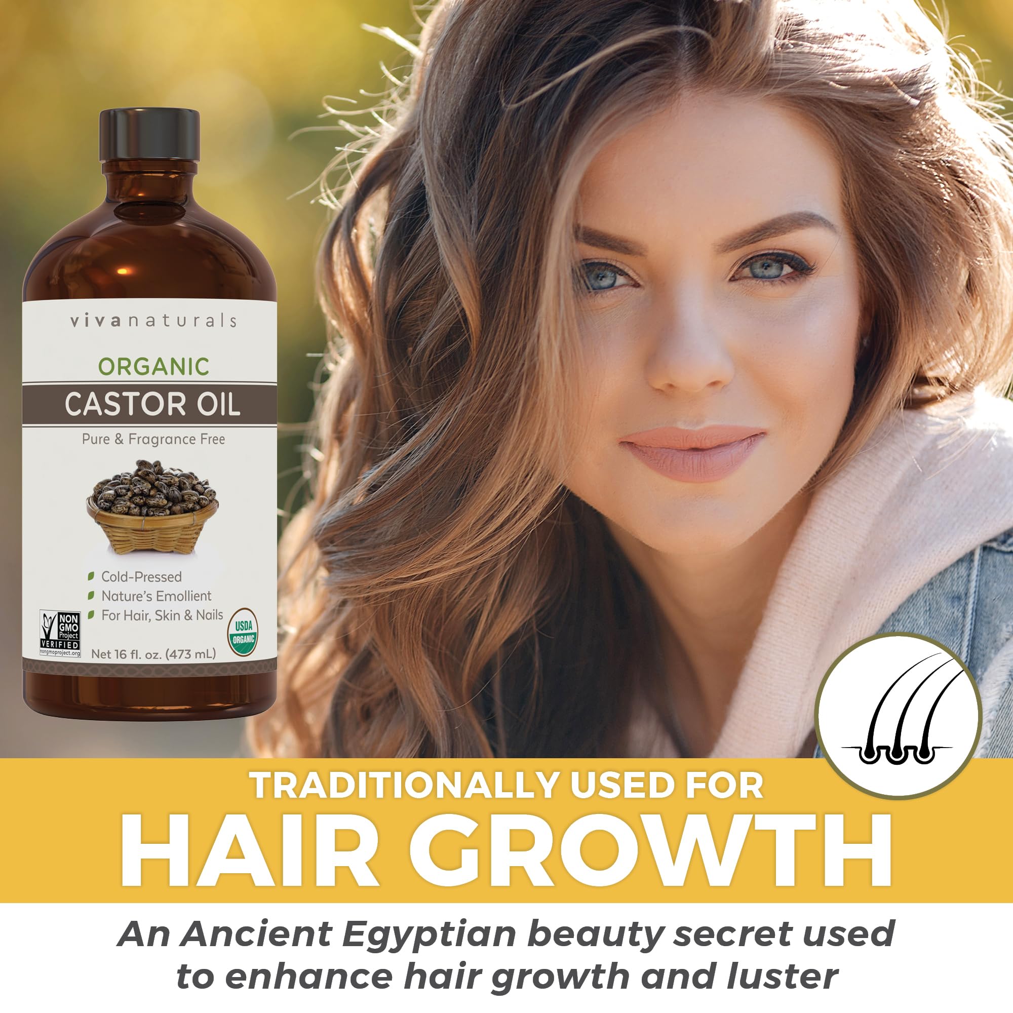 Viva Naturals Castor Oil demonstrates hair luster and shine.
