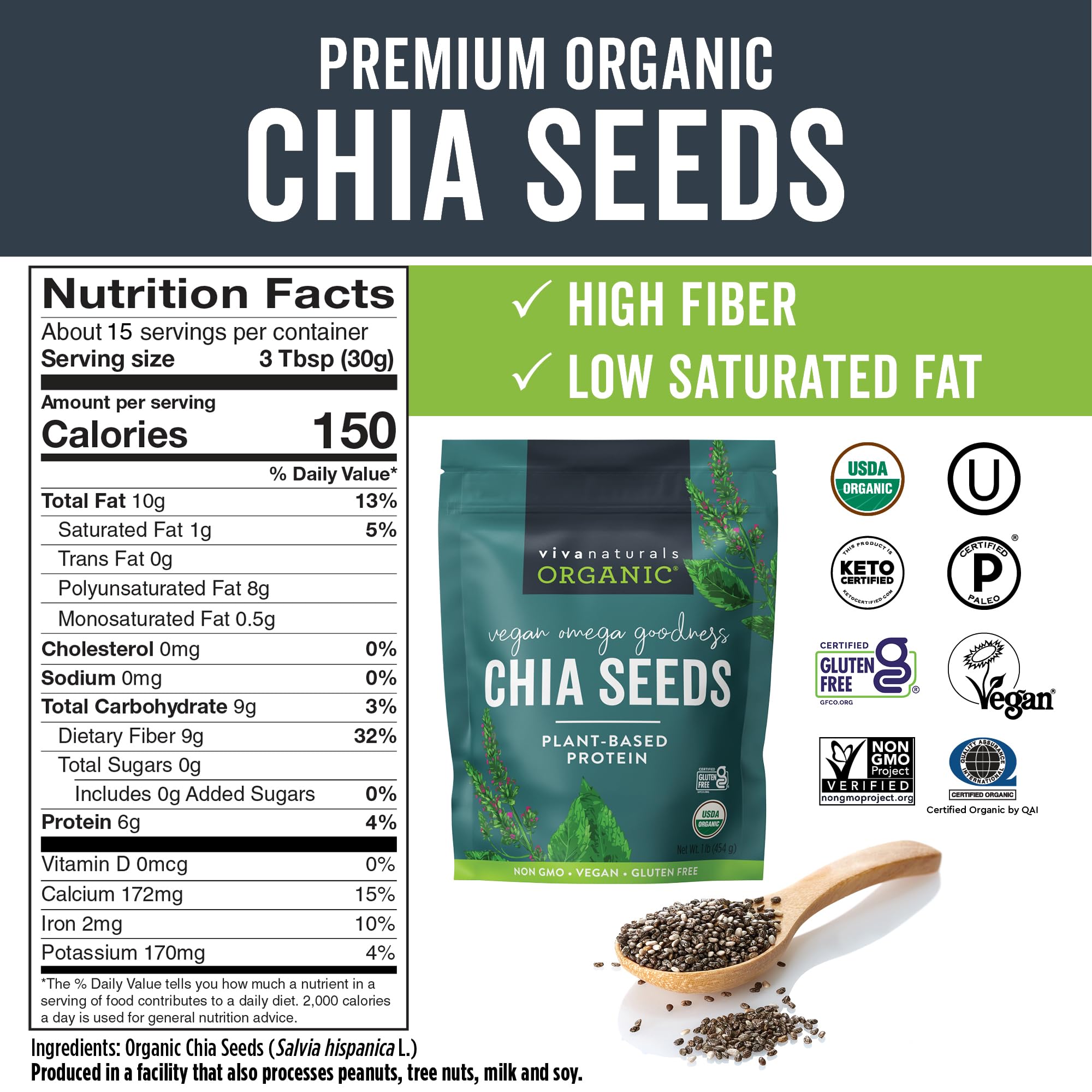 Close-up of Viva Naturals chia seeds texture for pudding and baking.