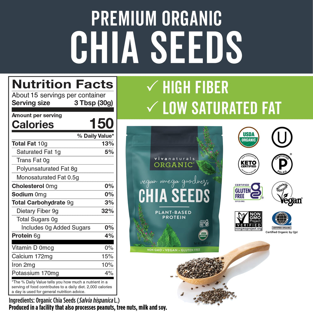 Close-up of Viva Naturals chia seeds texture for pudding and baking.