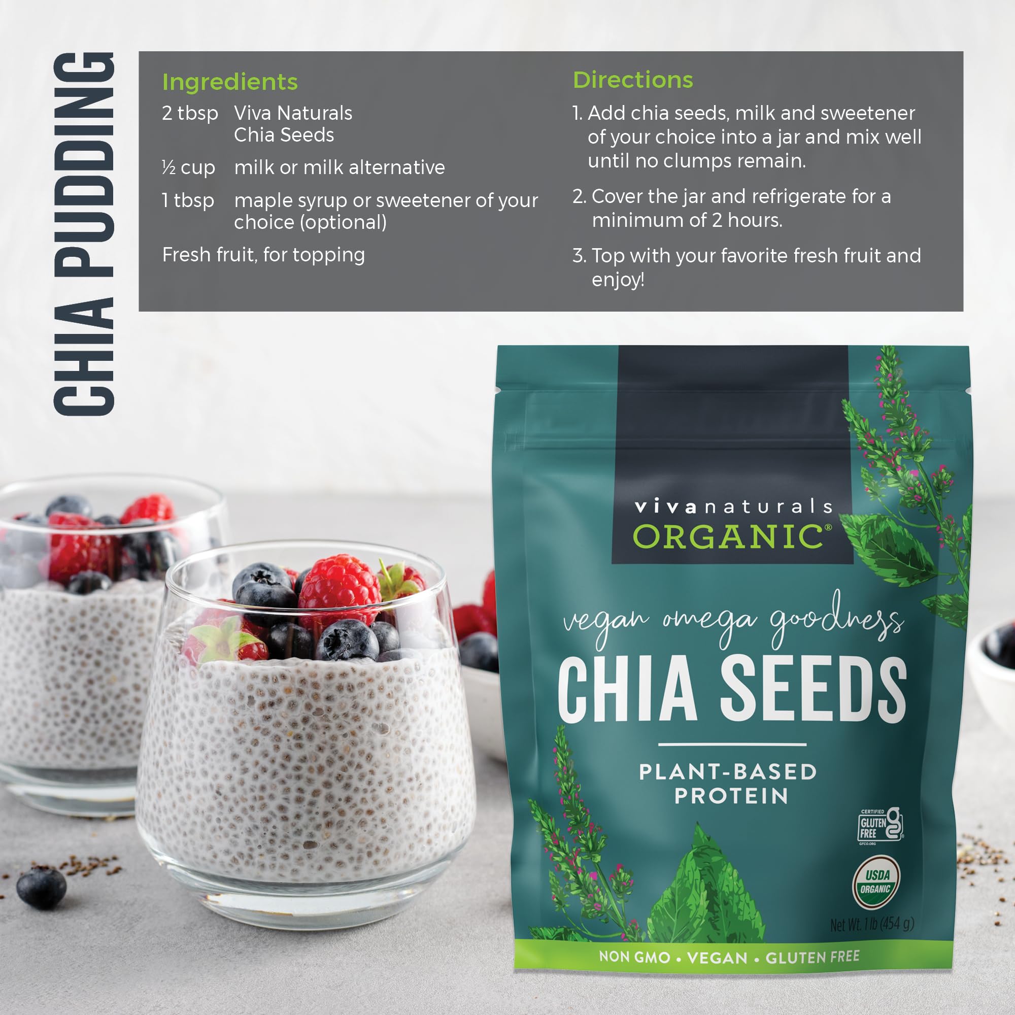 Kitchen scene with Viva Naturals chia seeds jar ready to use.