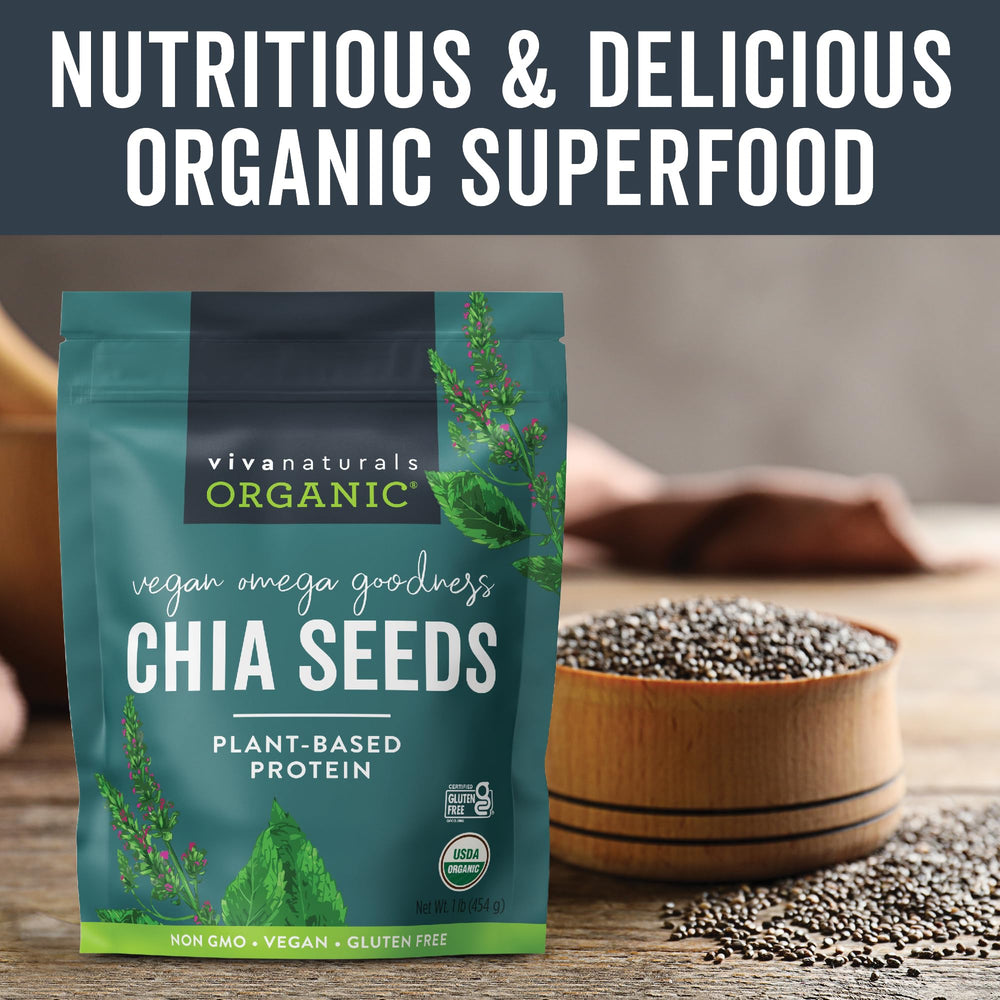 Chia seeds pouring from a scoop, Viva Naturals convenient for shakes.