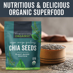 Chia seeds pouring from a scoop, Viva Naturals convenient for shakes.