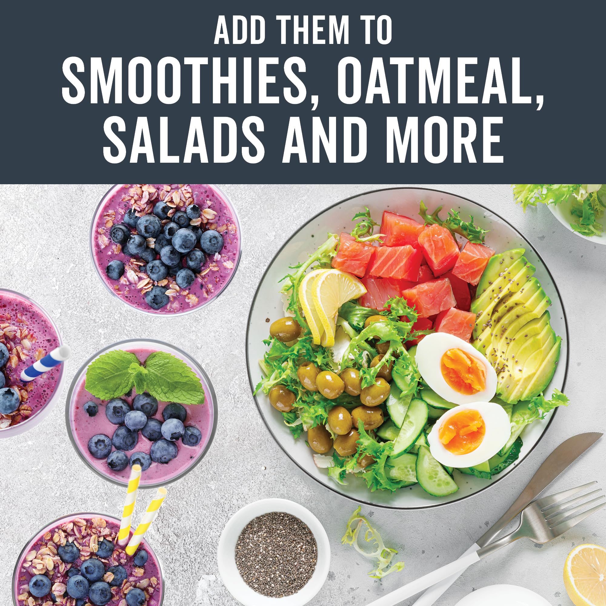 Chia seeds sprinkled over a salad, Viva Naturals for fiber and protein.
