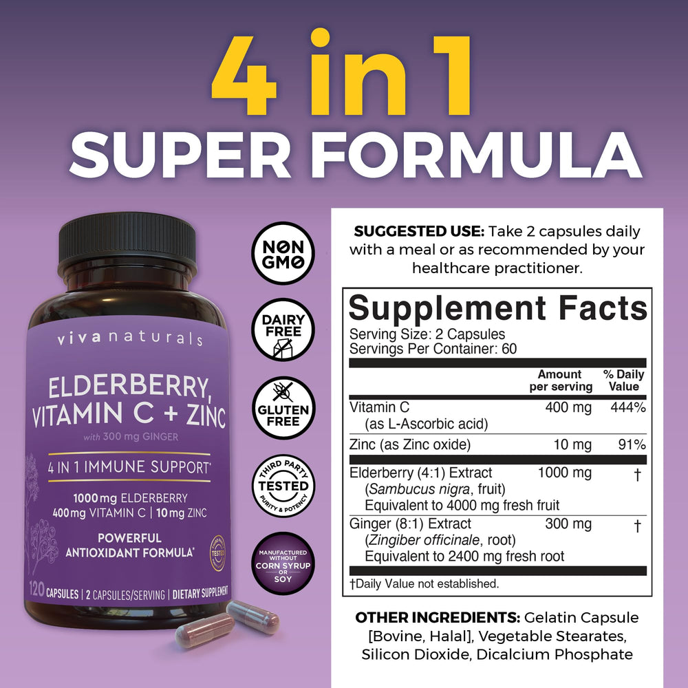 Viva Naturals elderberry bottle on wood highlighting a two-month supply.