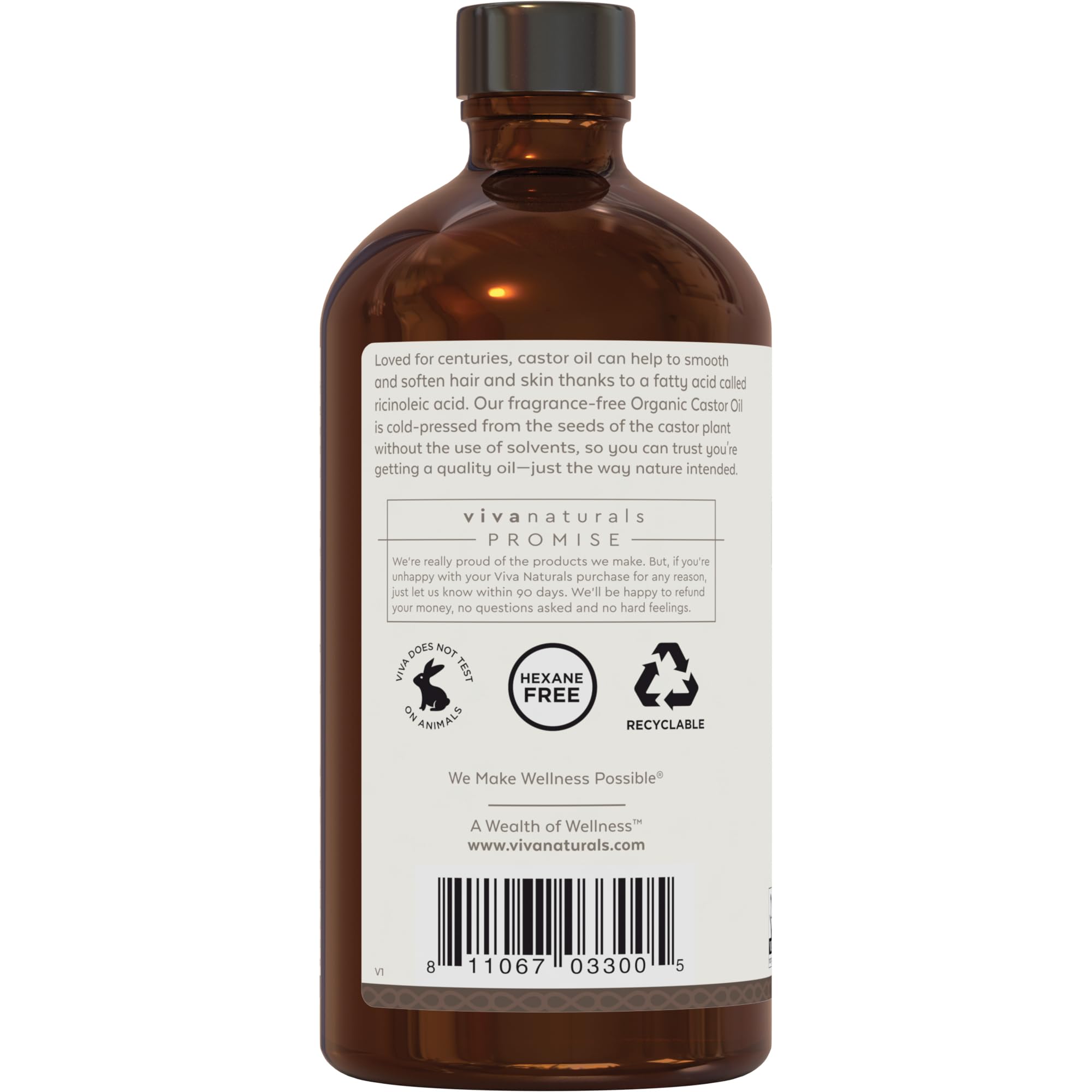 Viva Naturals glass bottle packaging preserves purity and reduces plastic waste.