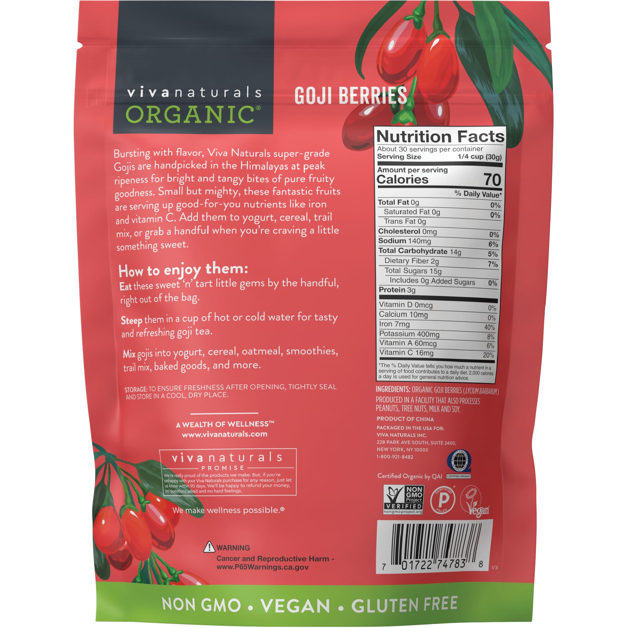 Viva Naturals goji berries as smoothie topping add tart color and depth.