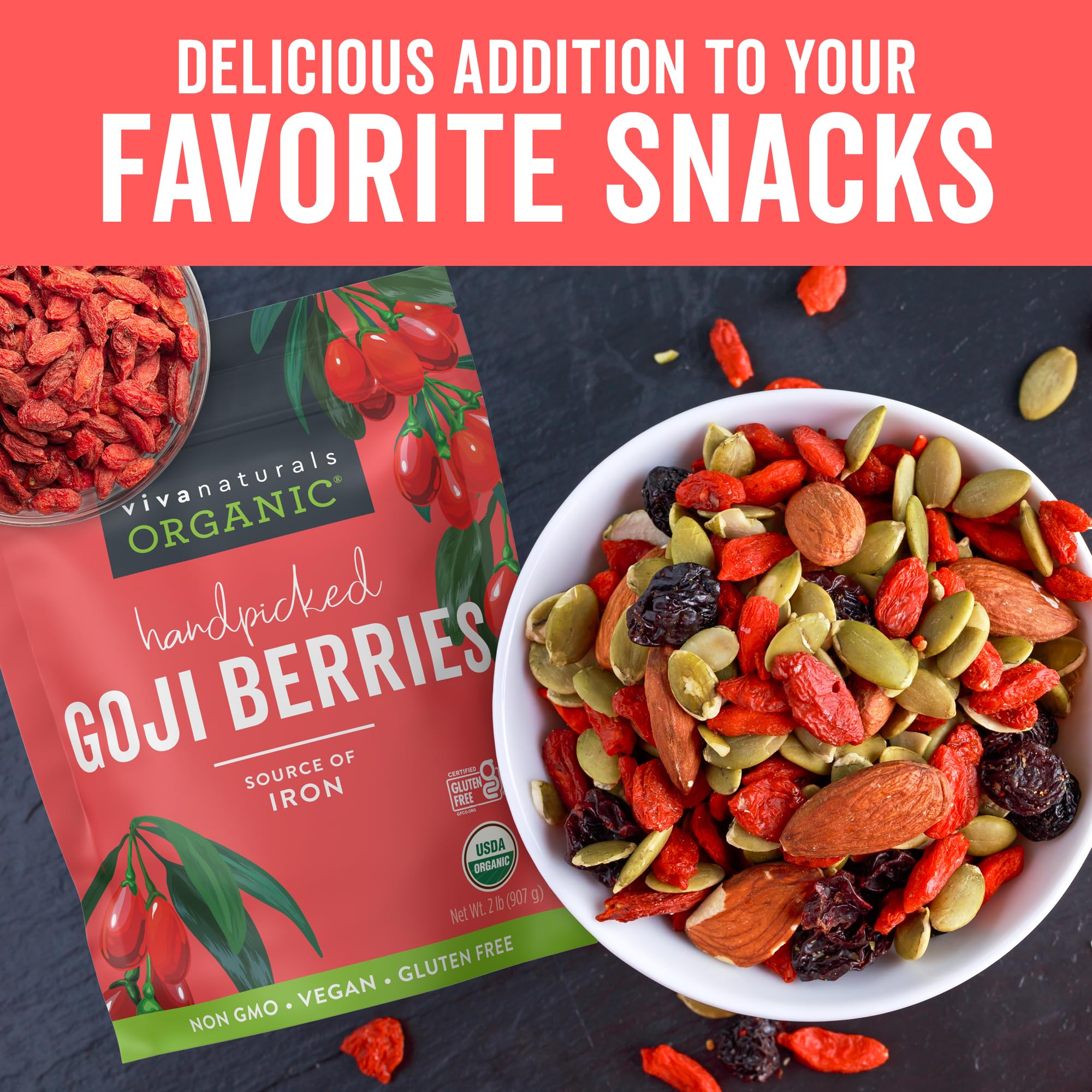 Viva Naturals goji berries as a chewy snack in trail mixes.