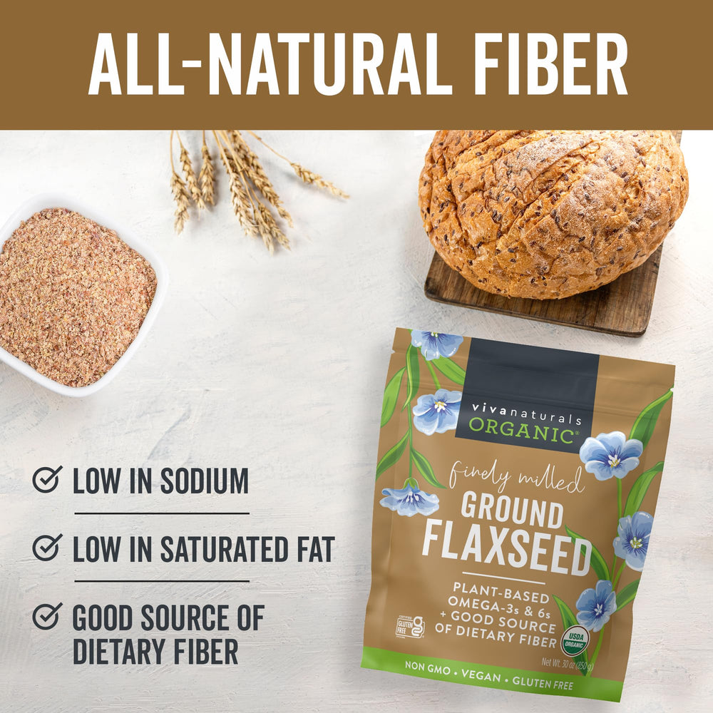 Viva Naturals ground flaxseed in a baking setup for breads and muffins.