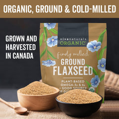 Viva Naturals ground flaxseed close-up highlights preserved omega-3s and omega-6.