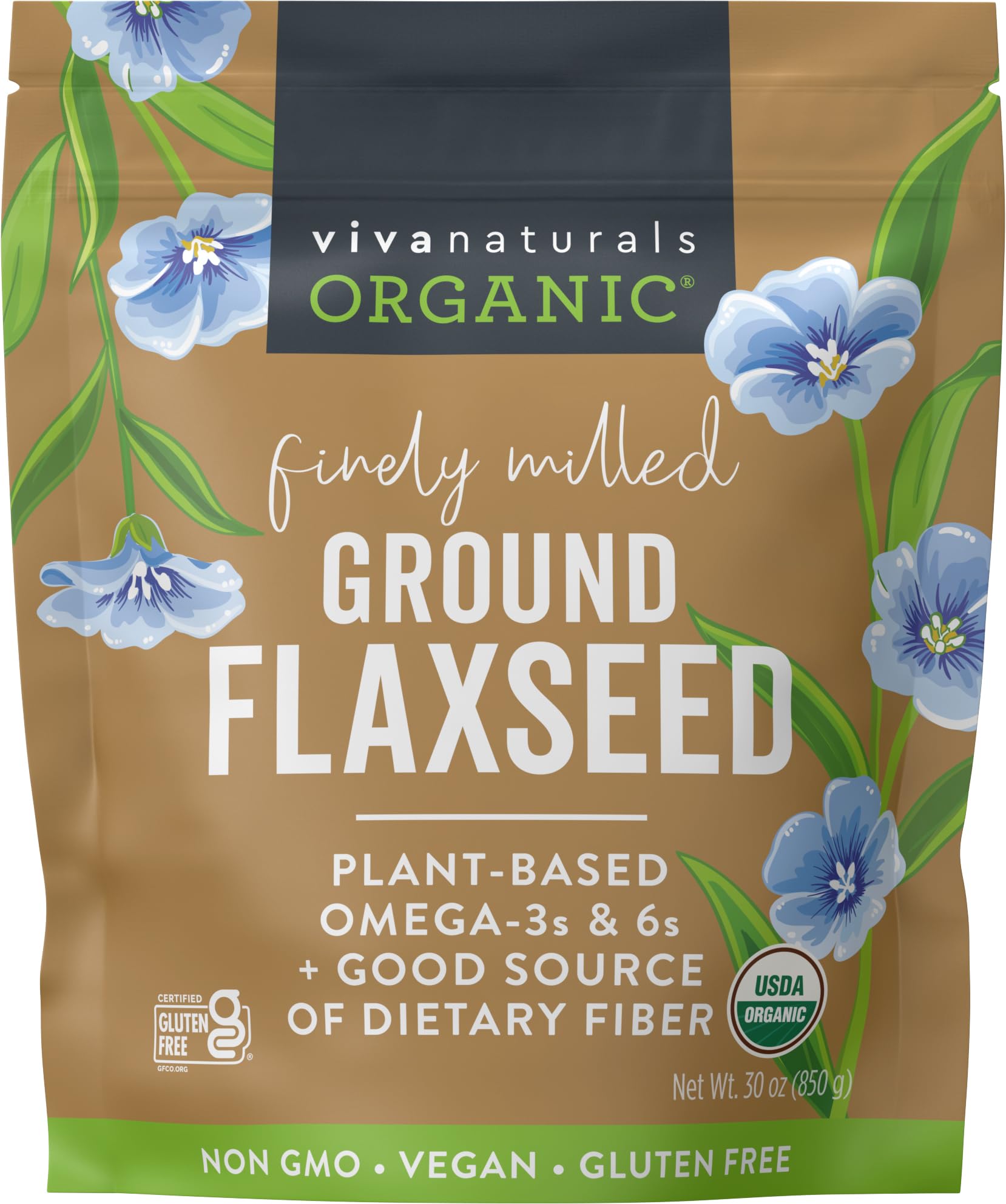 Viva Naturals ground flaxseed jar front showing premium organic flax for daily fiber.