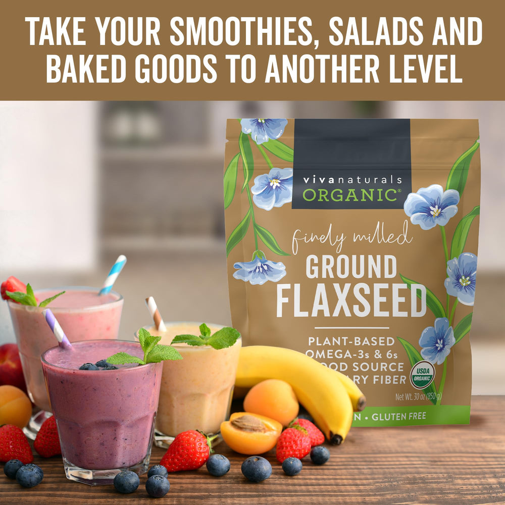 Viva Naturals ground flaxseed measuring spoon illustrating easy addition to shakes.