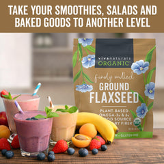 Viva Naturals ground flaxseed measuring spoon illustrating easy addition to shakes.