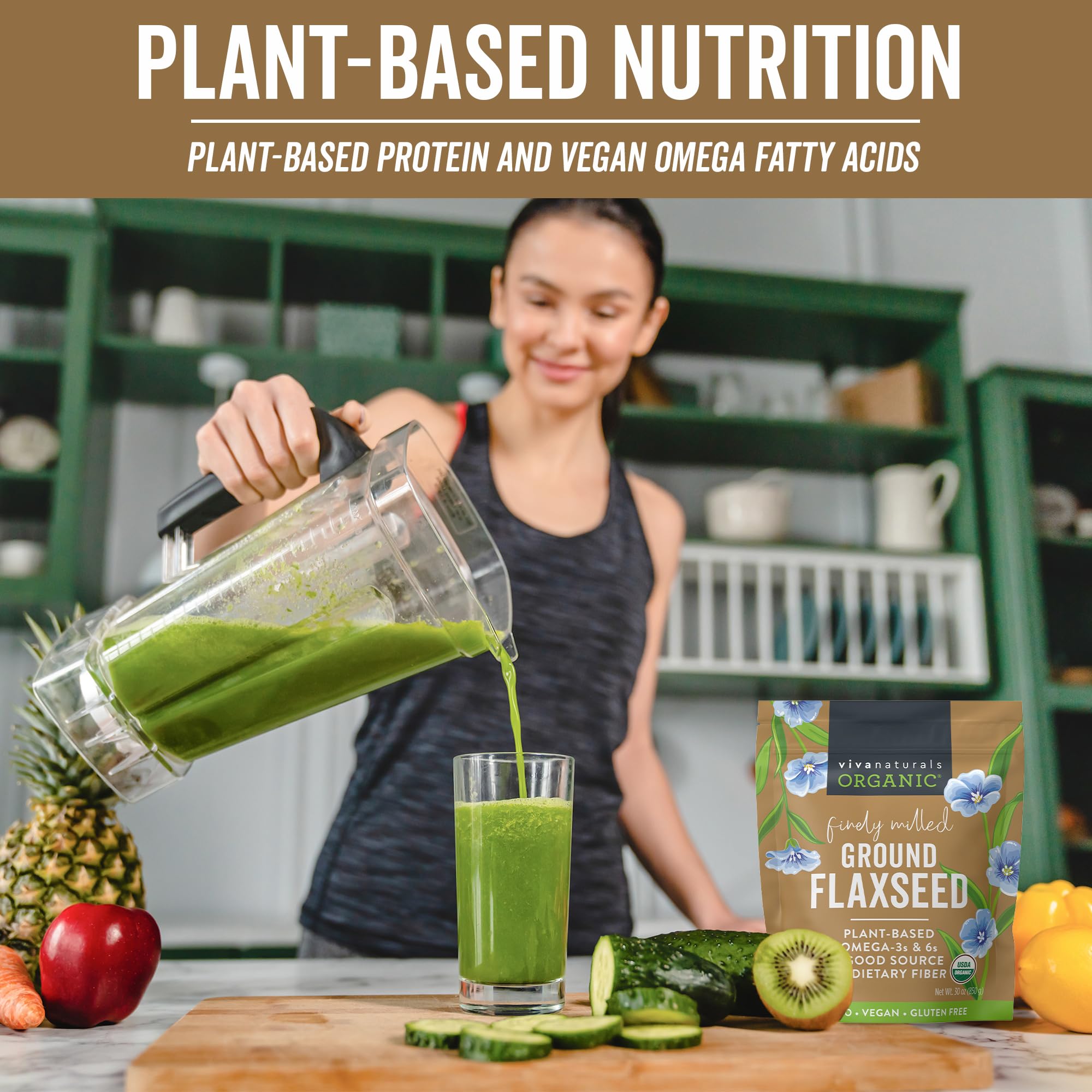 Viva Naturals ground flaxseed in a smoothie bowl emphasizing plant-based protein and fiber.