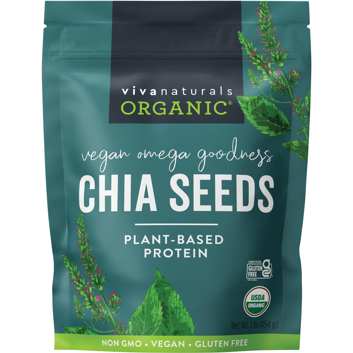 Viva Naturals Organic Chia Seeds 1lb package ideal for smoothies and meals.