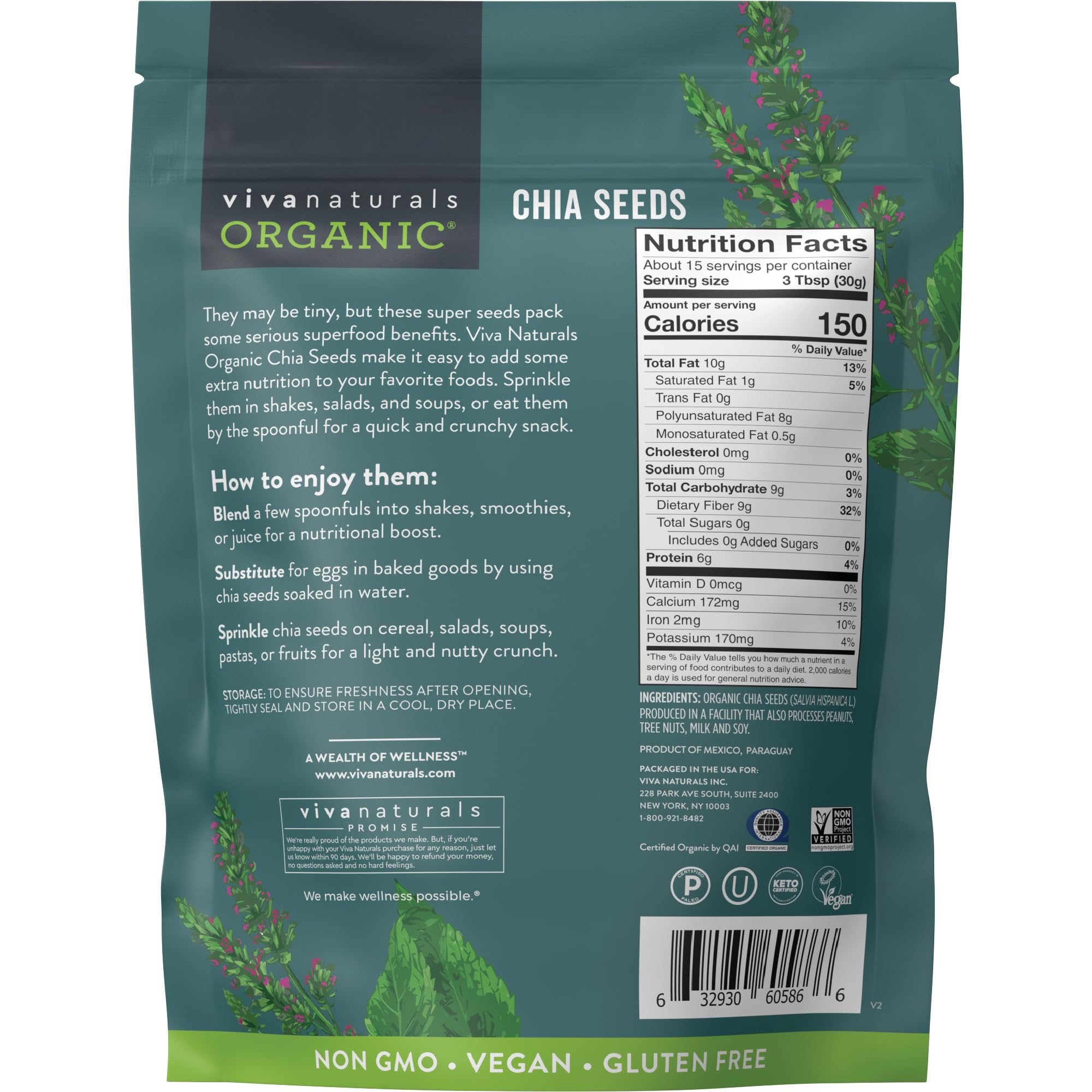 Viva Naturals chia seeds labeling showing organic, non-GMO certification.