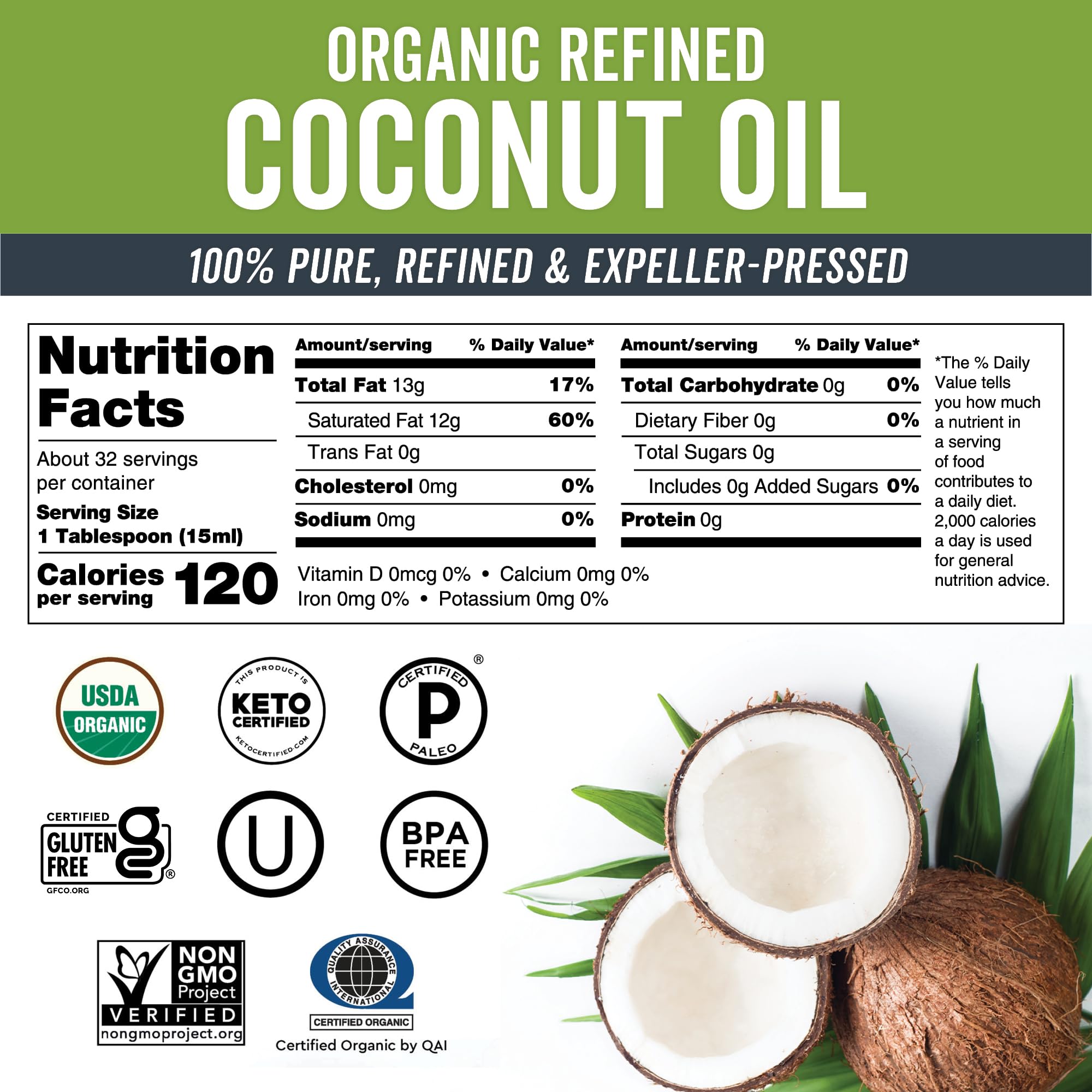Viva Naturals organic coconut oil label highlights USDA Organic certification and purity.