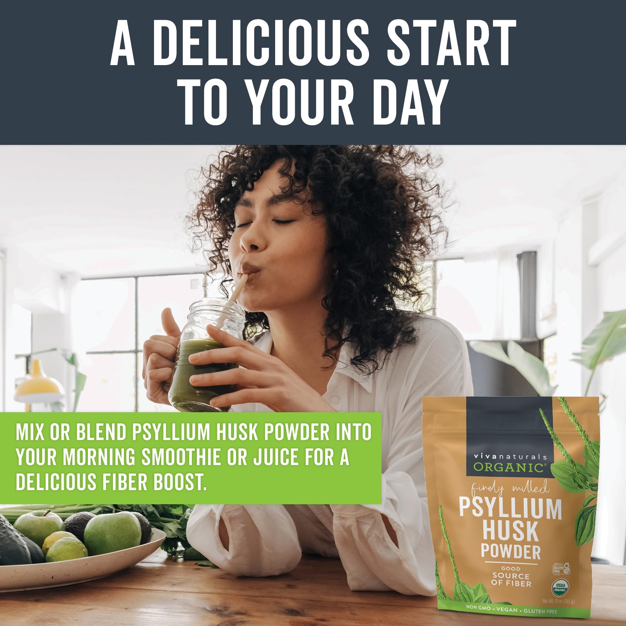 Close-up of Viva Naturals psyllium husk powder texture ideal for smoothies