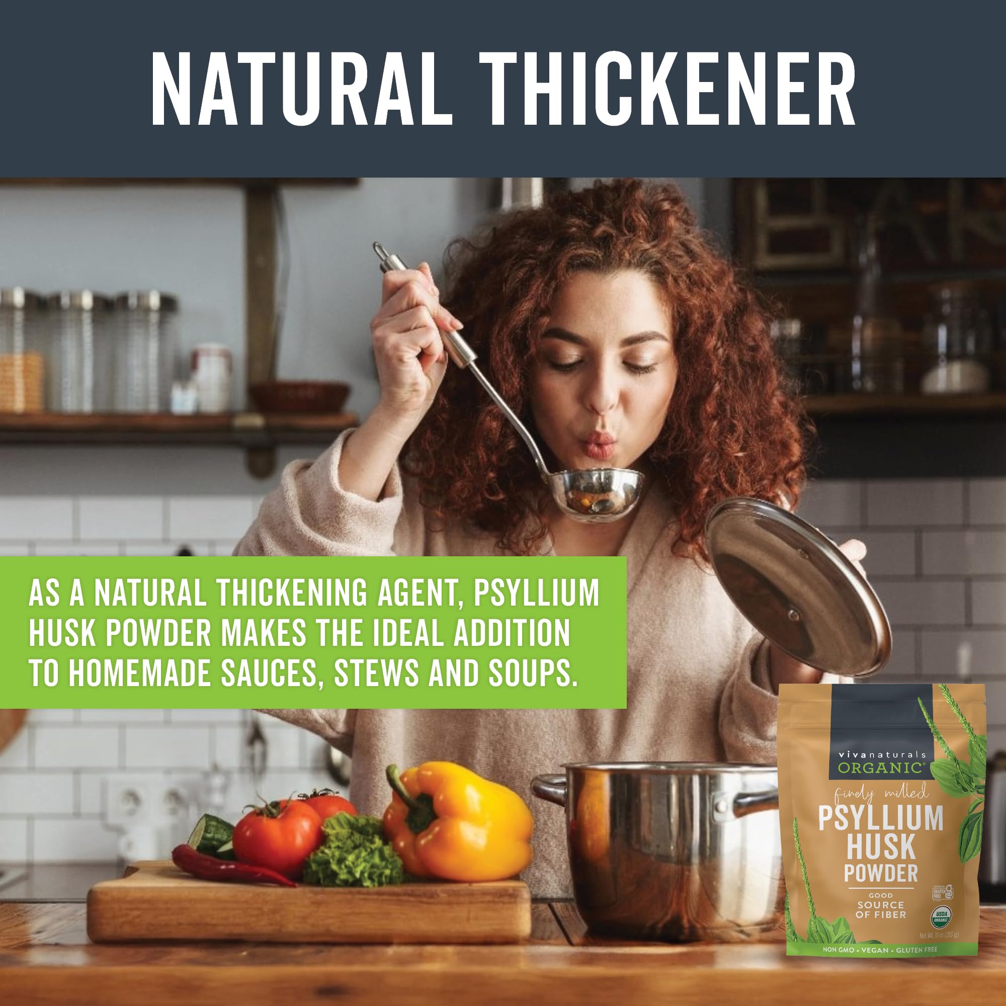 Viva Naturals psyllium husk powder whisked into a smoothie for creaminess