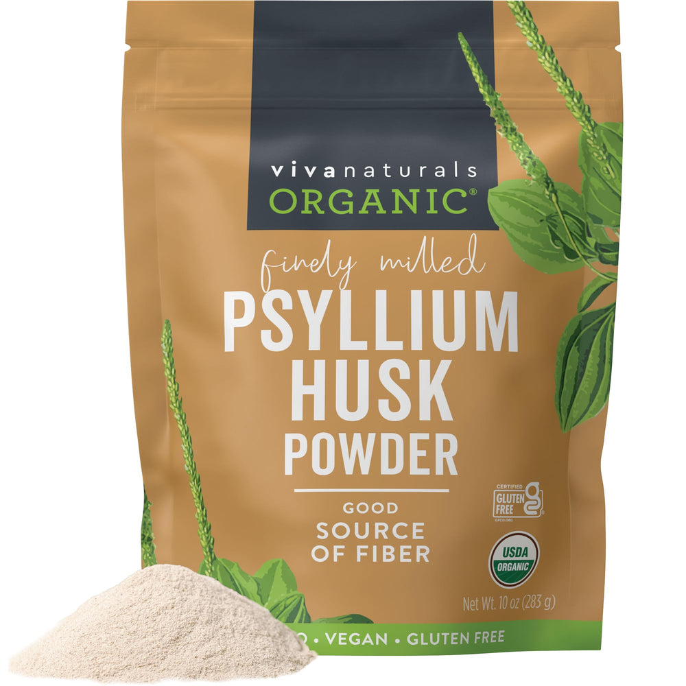 Viva Naturals psyllium husk powder packaging with label for gluten-free baking readiness
