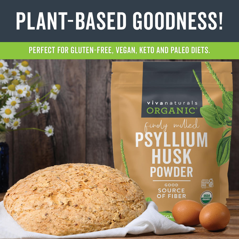 Scoop in a bowl of Viva Naturals psyllium husk powder ready to mix