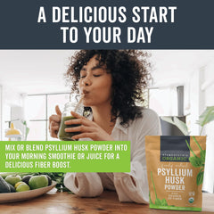 Viva Naturals psyllium husk powder scoop beside jar, easy to measure for smoothies.