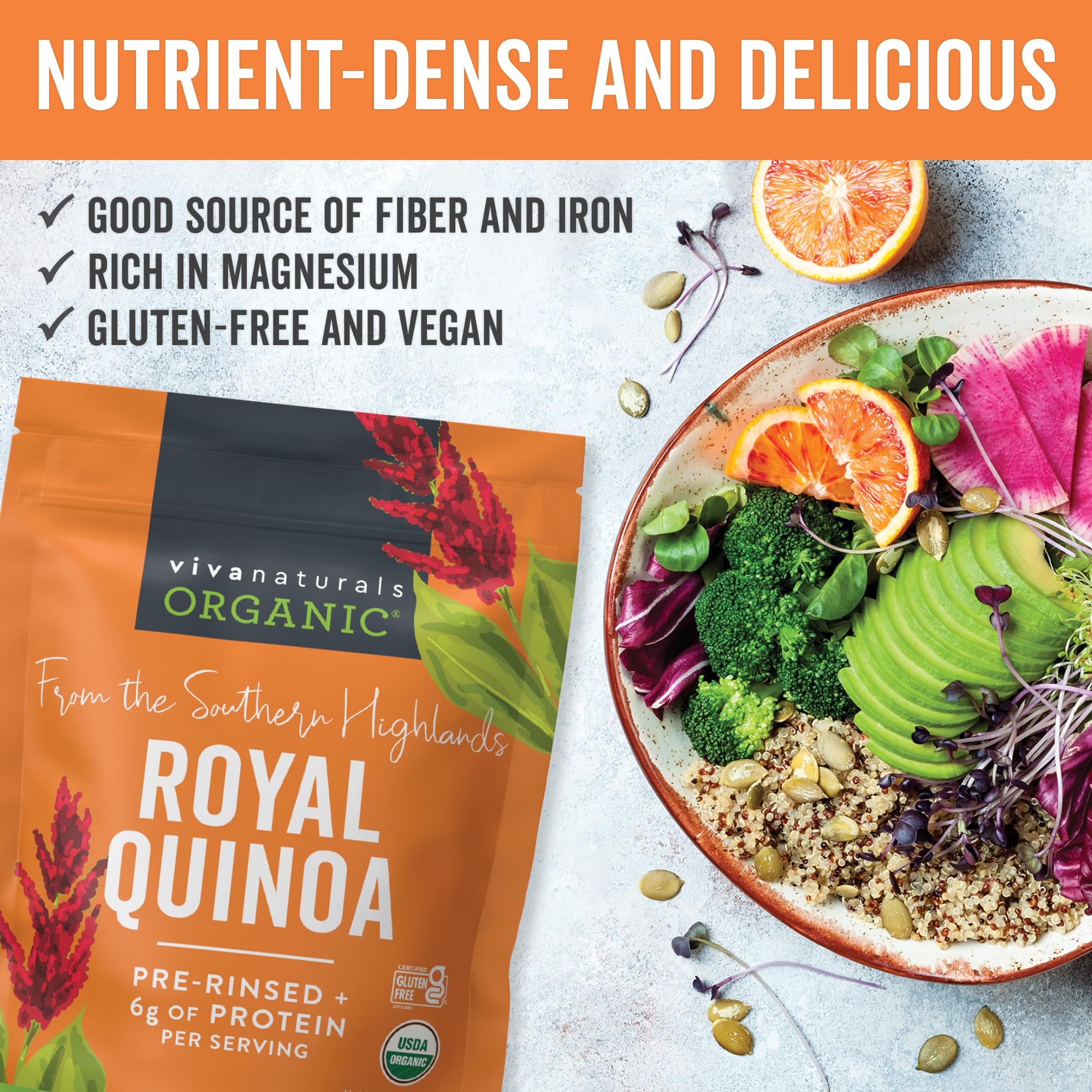 Viva Naturals Quinoa gluten-free badge and packaging benefits