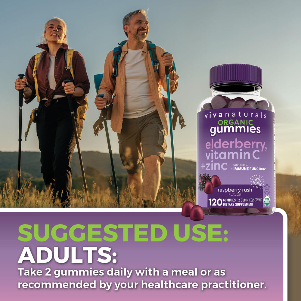Two gummies per day visualization features Viva Naturals Sambucus for routine use.