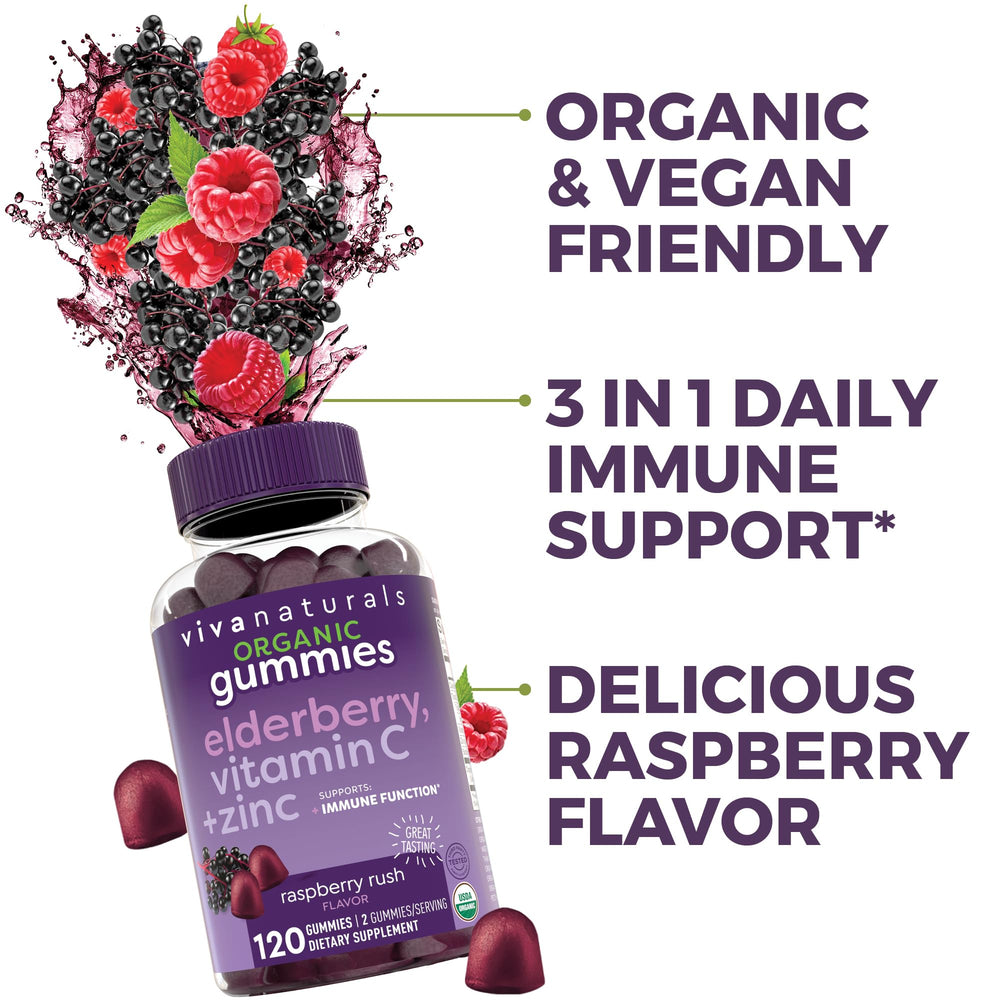 Viva Naturals Sambucus Gummies box emphasizes vegan, gluten-free, dairy-free attributes.