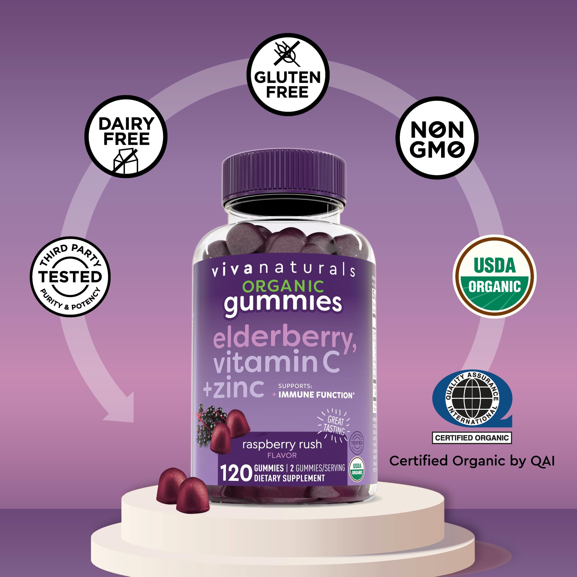 Viva Naturals Sambucus raspberry gummies appear glossy for enjoyable daily use.