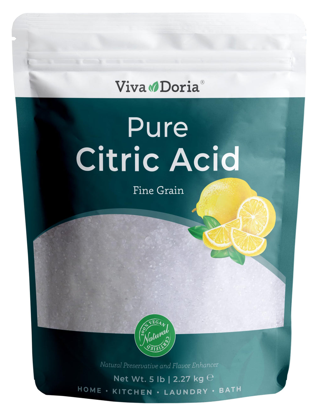 Viva Doria citric acid fine grain in bag for easy measuring and storage.