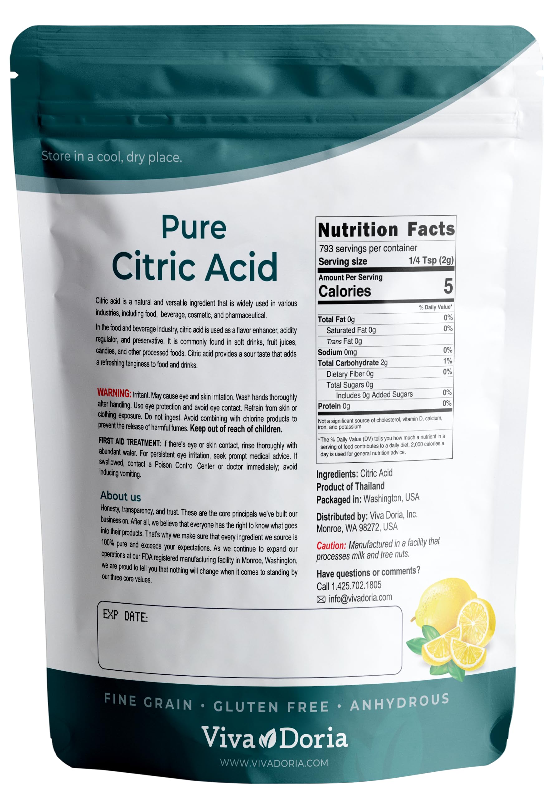 Viva Doria citric acid powder close-up shows fine grain texture.