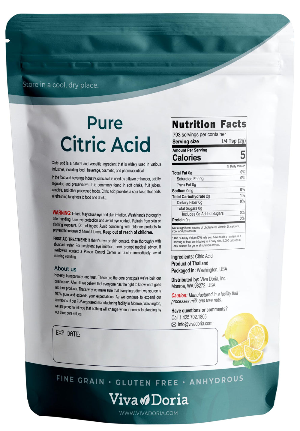 Viva Doria citric acid powder close-up shows fine grain texture.
