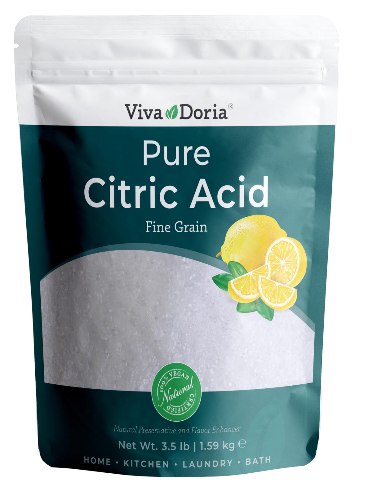 Viva Doria citric acid powder in packaging for easy, hygienic storage.