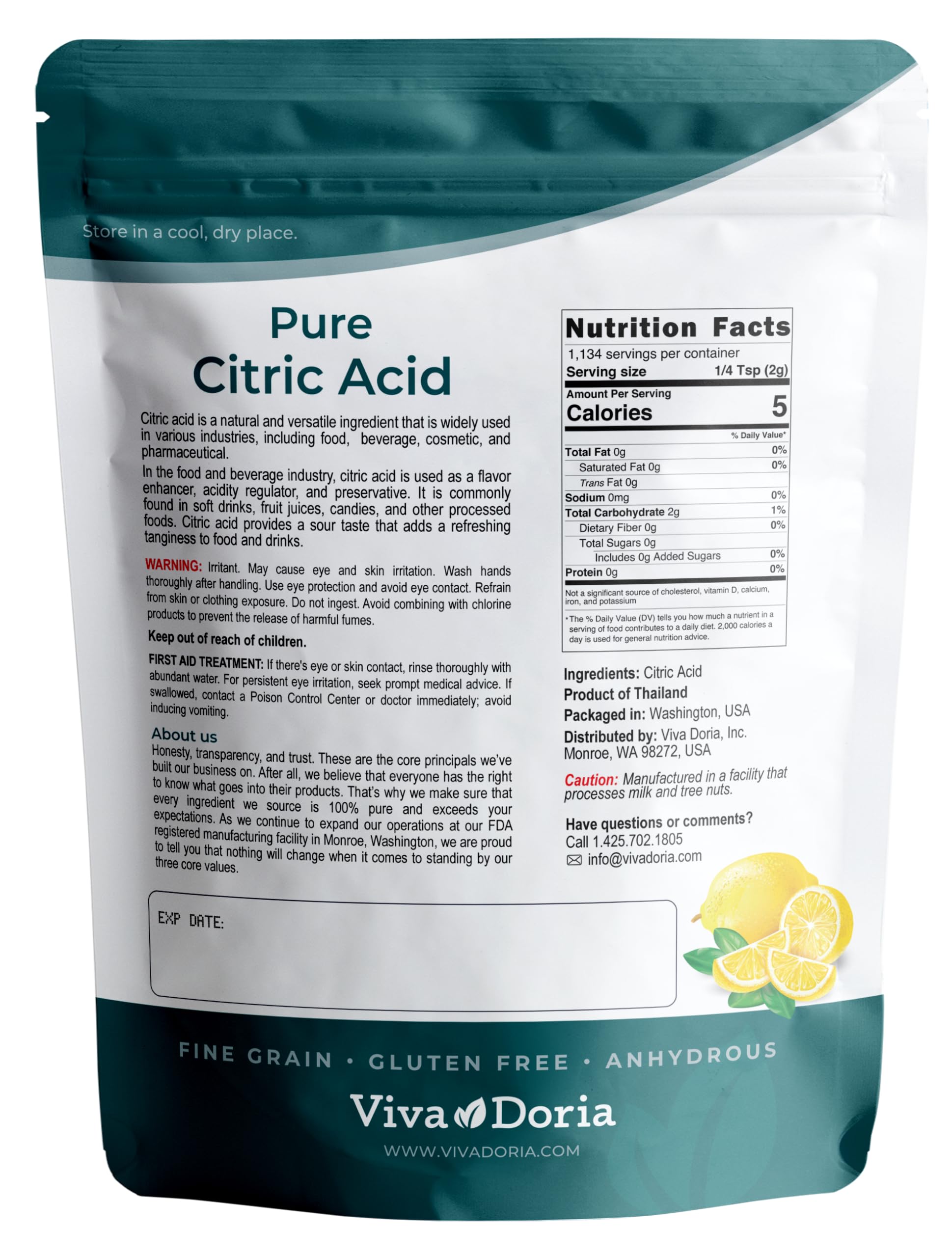 Viva Doria kitchen-grade citric acid ideal for flavoring and preservation in recipes.