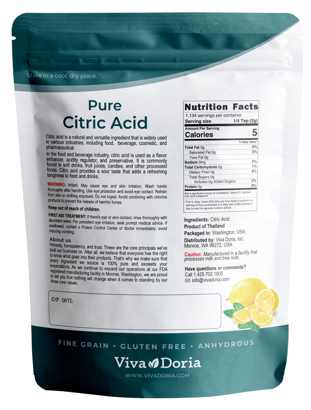 Viva Doria kitchen-grade citric acid ideal for flavoring and preservation in recipes.