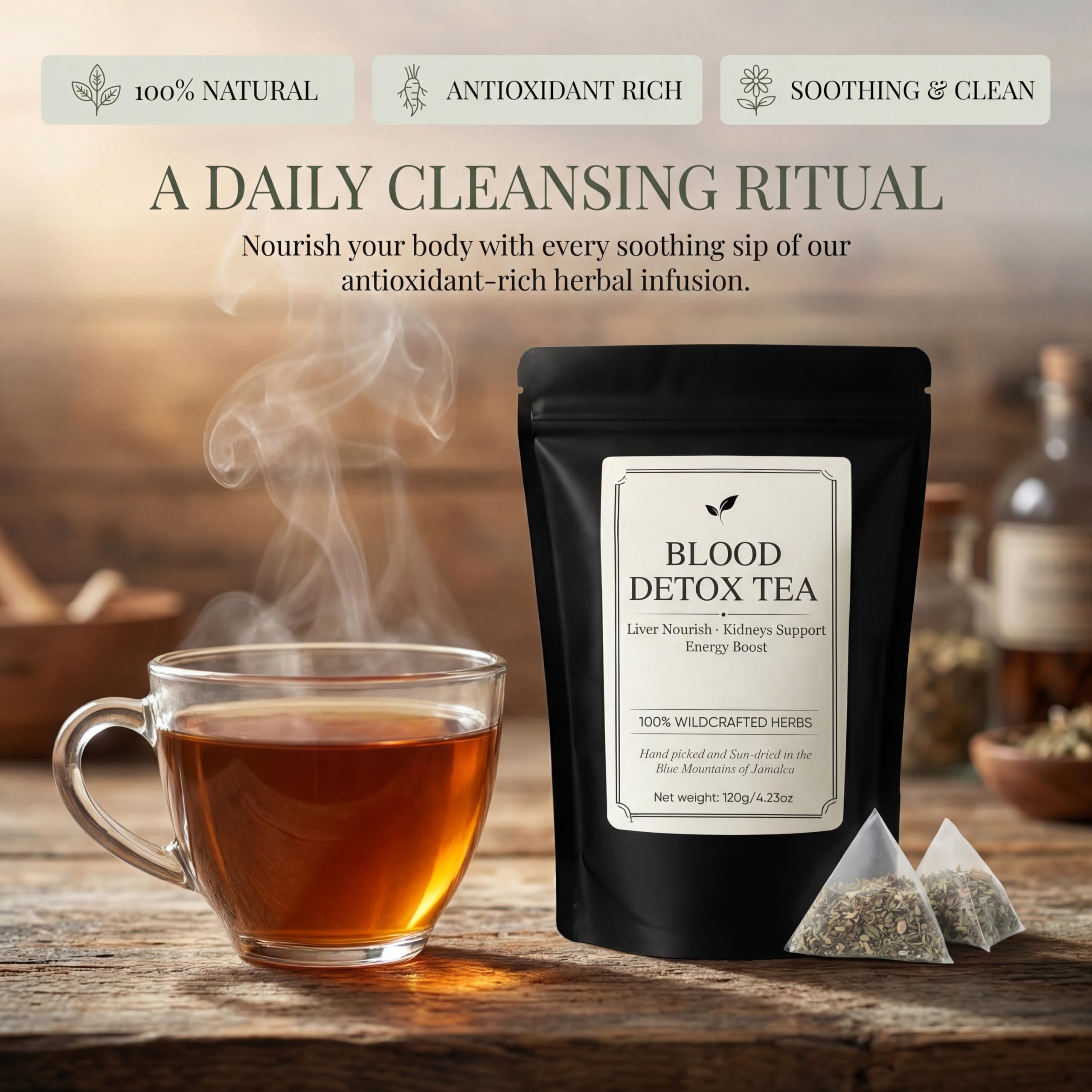 VivaMelhor hand-picked wildcrafted herbs display for a fresh, caffeine-free cup.