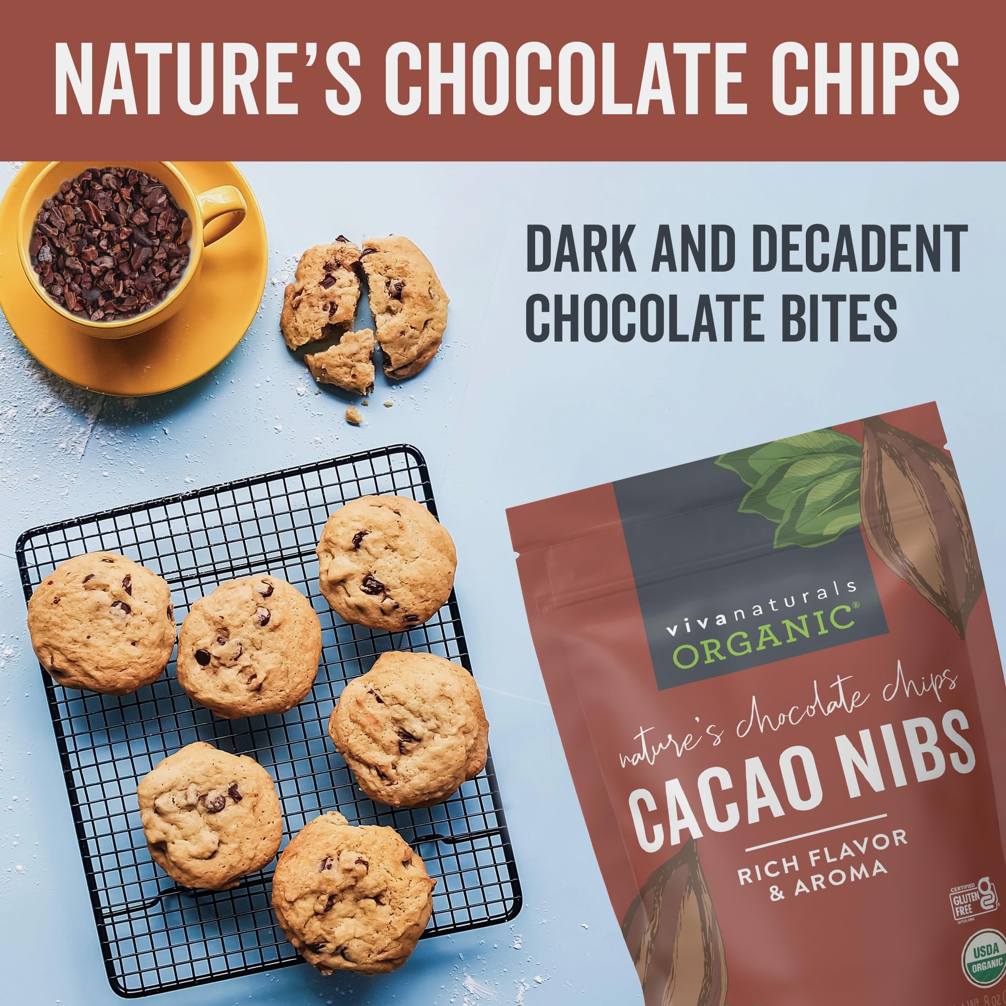 Viva Naturals cacao nibs topping yogurt or cereal for crunch.