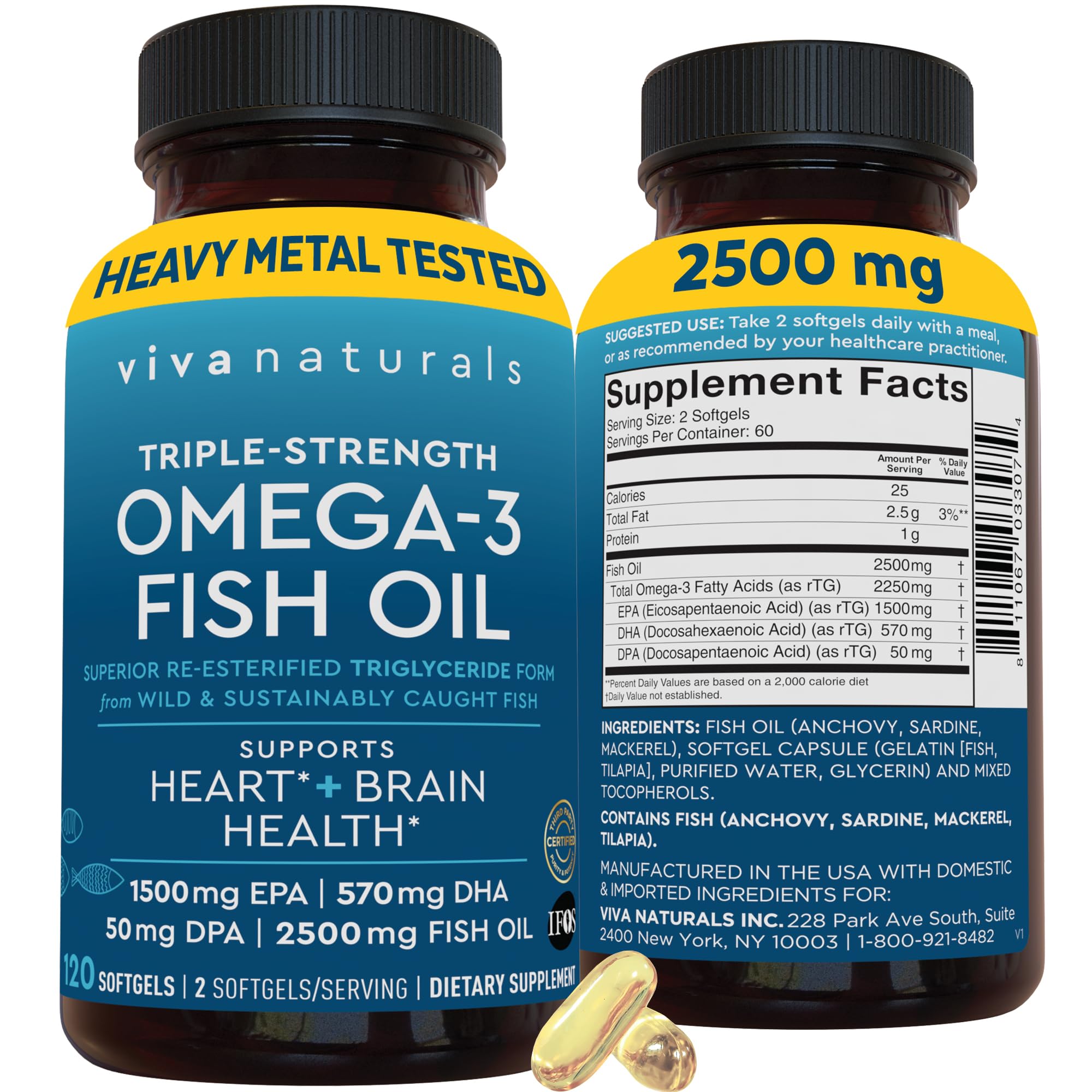 Viva Naturals Omega-3 bottle front view with triple strength softgels for daily heart and brain support.